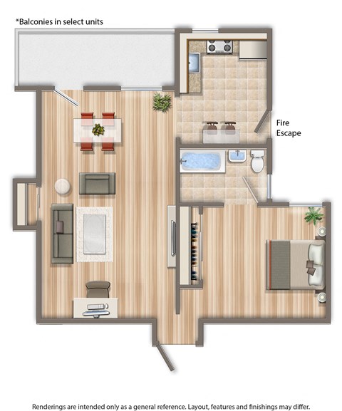 one bedroom apartment floor plan rendering at dupont apartments in washington dc